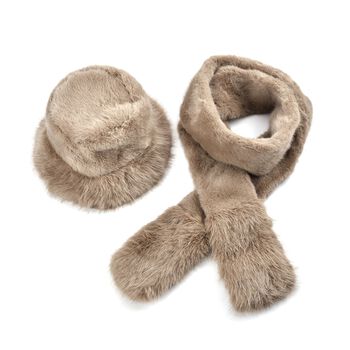 2er Set - Superweiche Kunstfell Hut und Schal, 60cmx195cm, Braun