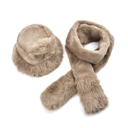 2er Set - Superweiche Kunstfell Hut und Schal, 60cmx195cm, Braun