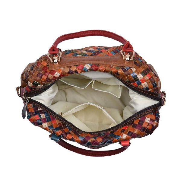 CHAOS BY ELSIE - Gewobene Umhängetasche aus echtem Leder, 30x16x24 cm, Karomuster, rot image number 6