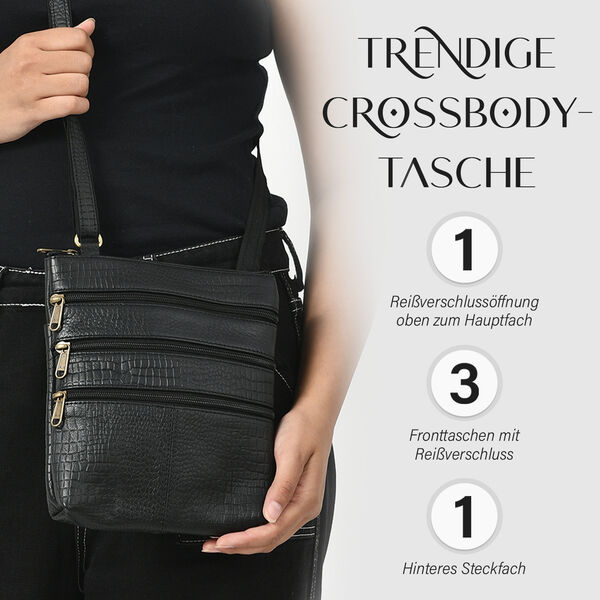 Echtleder Crossbody Tasche mit Kroko-Pr&auml;gung, Schwarz image number 2
