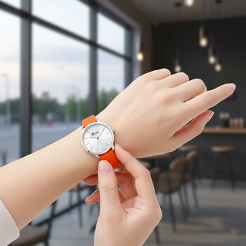 GENOA TIME V2 - Quarzuhr mit japanischem PC21S Werk, wei&szlig;em Zifferblatt und orangem Lederarmband, Edelstahl Geh&auml;use, 3 ATM wasserdicht