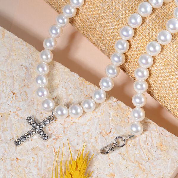 Wei&szlig;er Kristall, Wei&szlig;e Muschelkernperle Halskette ca. 50 cm image number 2