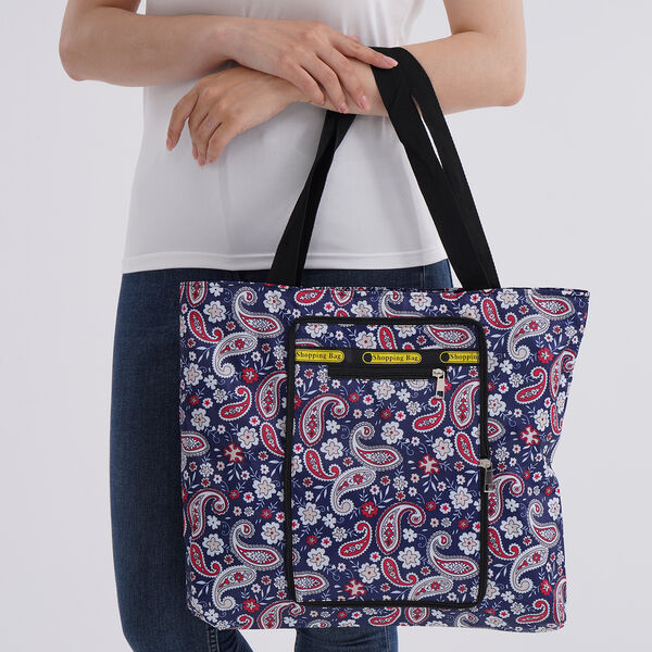 Faltbare Einkaufstasche aus wasserabweisendem Polyester, Paisley-Design, 40x43 cm, Tragegriffe 22 cm, Rot image number 2