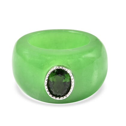 Natürlicher Chromdiopsid und Grüne Jade Solitär Ring 925 Silber rhodiniert (Größe 16.00) ca. 49,79 ct