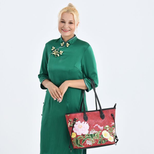 Bestickter Shopper, Kunstleder, Blumen Design, 46 x 15 x 28 cm, Rot image number 3