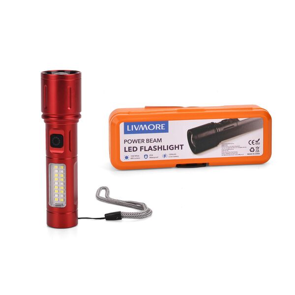 LIVMORE 6 in 1 LED-Taschenlampen aus Metall mit SOS Funktion, wiederaufladbar, 14x3,5 cm, Rot image number 6