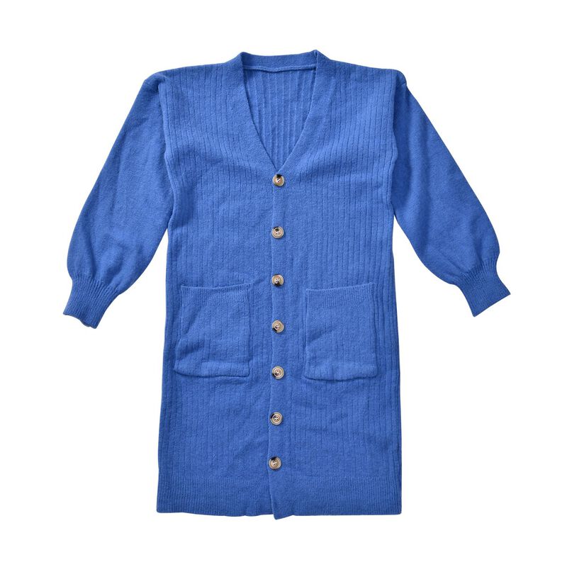 longline coatigan with bottonsMaterial: PBT26%, nylon 32%, acrylic 42%Size:50*90cmWeight:700gColor: blue image number 0
