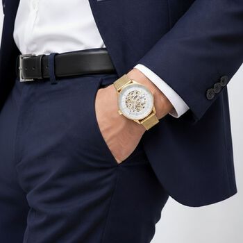 GENOA Automatik Mechanische Uhr mit Wei&szlig;em Sonnenschein-Hohlzifferblatt und Modernem Minimalistischem Runddesign, goldfarben