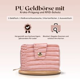 Elegante Geldbörse mit Krokoprägung, RFID-Schutz, 14,5×9,5cm, Rosa