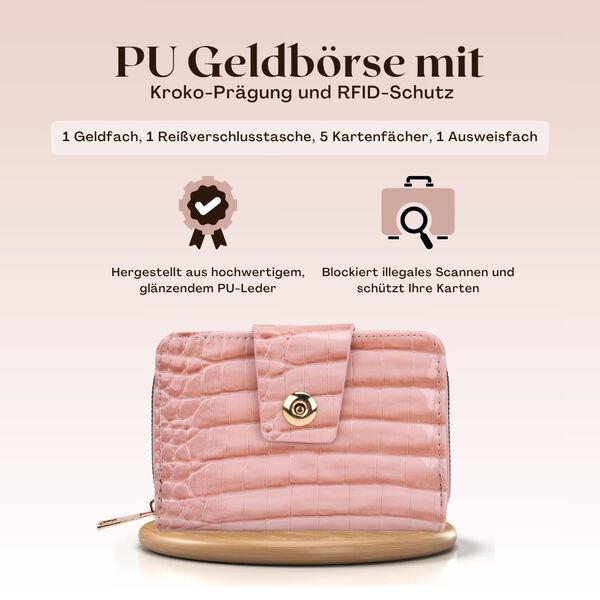 Elegante Geldbörse mit Krokoprägung, RFID-Schutz, 14,5×9,5cm, Rosa image number 2