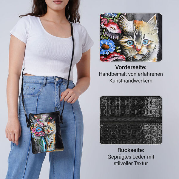 VIVID by SUKRITI Handbemalte Umhängetasche aus echtem Leder, Schwarz, 15,75x19,80cm, Zwei Katzen image number 4