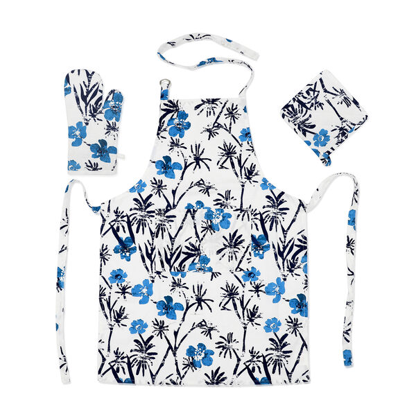 100% Baumwolle K&uuml;chen-Set, Sch&uuml;rze, Handschuh und Topflappen, Blumen, Wei&szlig; und Blau, 3 tlg. image number 0