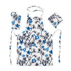 100% Baumwolle Küchen-Set, Schürze, Handschuh und Topflappen, Blumen, Weiß und Blau, 3 tlg.