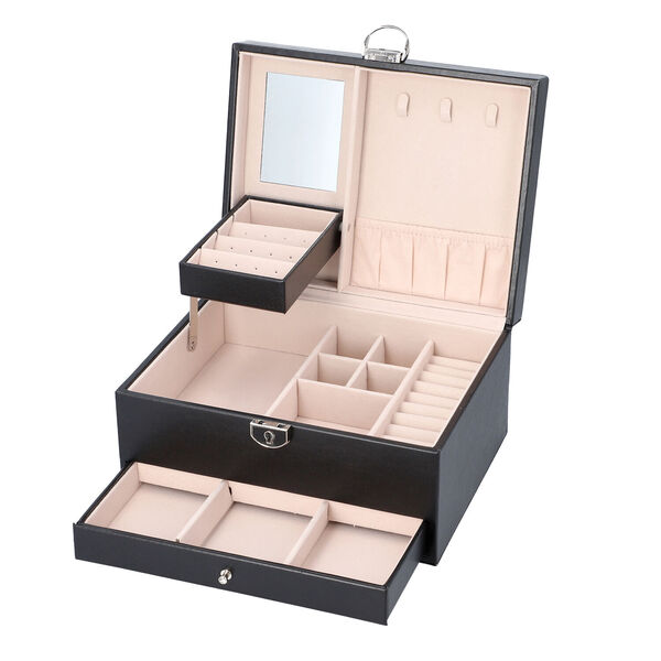 3-lagiges PU-Leder-Schmuckk&auml;stchen, herausnehmbare Elemente und Schloss, kariertes Steppmuster, schwarz image number 6