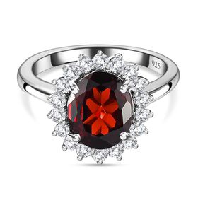 Roter Granat, Weißer Zirkon Ring, 925 Silber platiniert, (Größe 20.00) ca. 3.37 ct