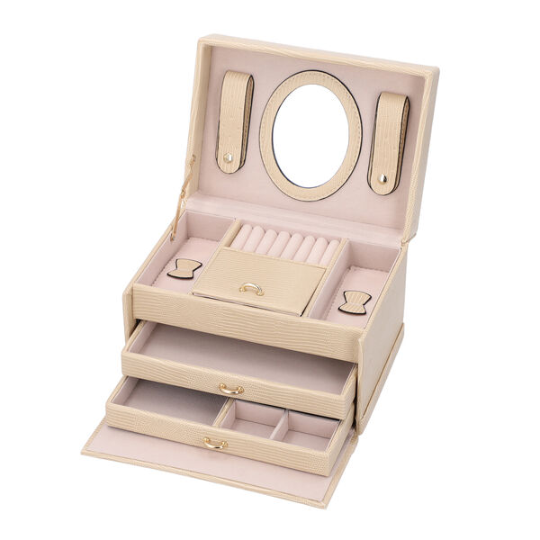 3-lagiger Schmuckkasten mit Schlangenhautmuster und Griff, Gr&ouml;&szlig;e 22x16x14 cm, Cr&egrave;me image number 4