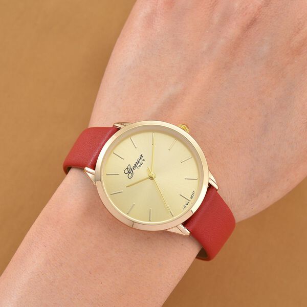 GENOA TIME V2 - Quarzuhr mit japanischem PC21S Werk, goldenem Zifferblatt und rotem Lederarmband, goldfarbenem Gehäuse, 3 ATM wasserdicht image number 2