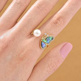 Weiße Süßwasser Perle, Weißer Zirkonia Ring Flexibles (Größe 17.00-18.00), Nickelfreies Messing gelb vergoldet