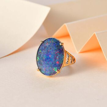 AAA Boulder Opal, Wei&szlig;er Zirkon Ring, 925 Silber Gelbgold Vermeil (Gr&ouml;&szlig;e 18.00), ca. 9.21 ct