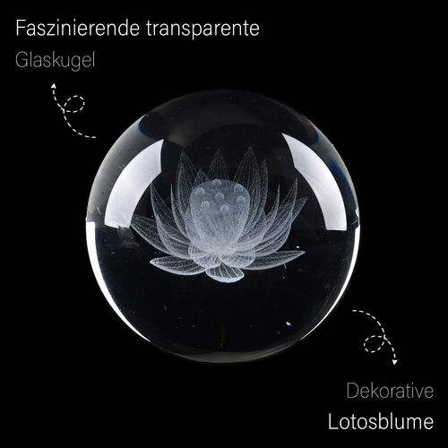 3D Kristallkugel mit LED-Licht und Holzsockel, Lotusblume image number 1