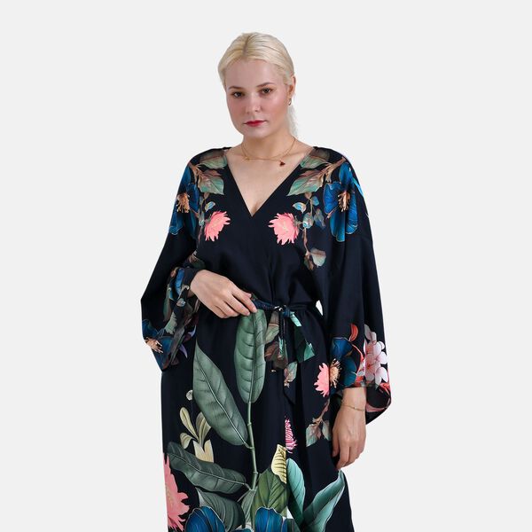 Kimono mit Gürtel, tropischem Blumenmuster, 128×78 cm, Dunkelblau image number 5