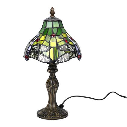 Handgefertigte Tiffany Stil Tischlampe im Gelb-Libellen-Design - Antiker Look mit farbigem Glas-Schirm und stabilem Zinklegierungsfu&szlig; in Kaffeeoptik. 20x20x37 cm, (Gl&uuml;hbirne nicht enthalten)