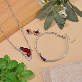 3er Set - Roter Kristall, Schwarzer Kristall Schmetterling Halskette (ca. 50 cm + 5 cm Extender), Armband (ca. 19 cm + 5 cm Extender) und Ohrringe
