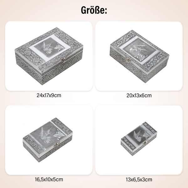 4-teiliges Set handgefertigter Aluminiumboxen mit Kolibri-Motiv, Größen von 24x17x9 cm bis 13x6,5x3 cm image number 5