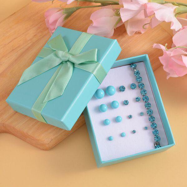 9er Set - Blaue Muschelkernperlen Ohrringen, Kristallohrringen mit Armband, Messing und Edelstahl image number 2