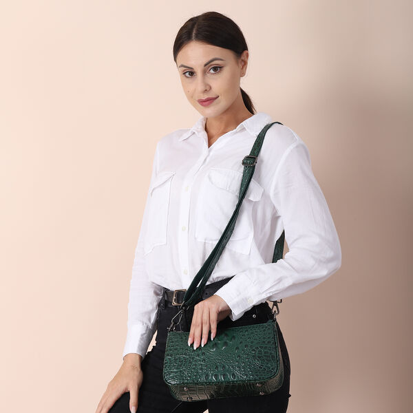 Schultertasche aus 100% echtem Leder mit Kroko-Prägung, Grün  image number 2