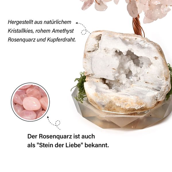 Handgefertigter Rosenquarz-Kristallbaum aus Kupferdraht, 7×12 cm, Rosa image number 1