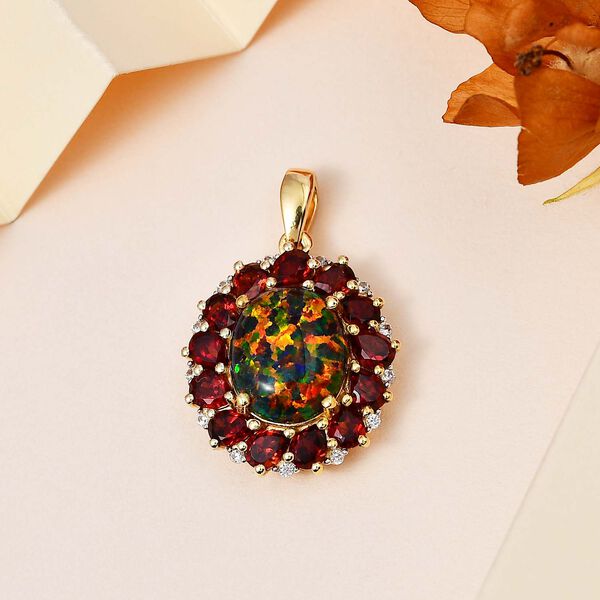 Labor erstellt schwarzen Opal, Mosambik Granat Anh&auml;nger 925 Silber Gelbgold Vermeil ca. 4.72 ct image number 2