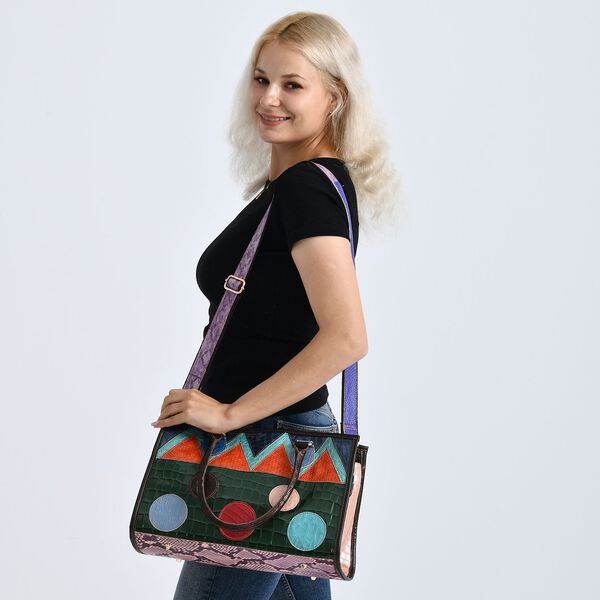 "Chaos by Elsie Genuine Leather Crossbody Bag with RFID Color:green Embossed crocdile shining rhomboid pattern Size:36*15*25cm           Wall: Genuine Leather Lining: Polyester                Exterior:zipped-2, Interior:zipped-2 , slip-2   with 1 Long str image number 3