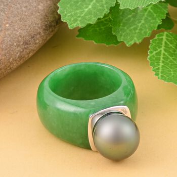 Gr&uuml;ne Jade, Tahiti Perle (11-12mm) Ring 925 Silber rhodiniert (Gr&ouml;&szlig;e 21.00)