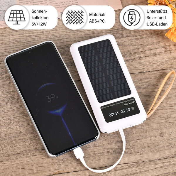 10.000mAh Solar Powerbank, multifunktional mit integrierten Kabeln und LED-Digitalanzeige, wei&szlig; image number 2