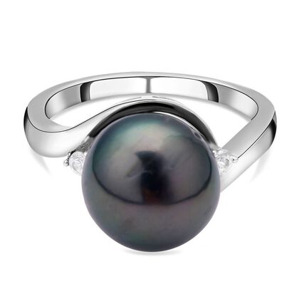 Tahiti-Zuchtperlen und weißer Zirkon-Ring, (10-11 mm), 925 Silber rhodiniert (Größe 18.00) ca. 0,09 ct