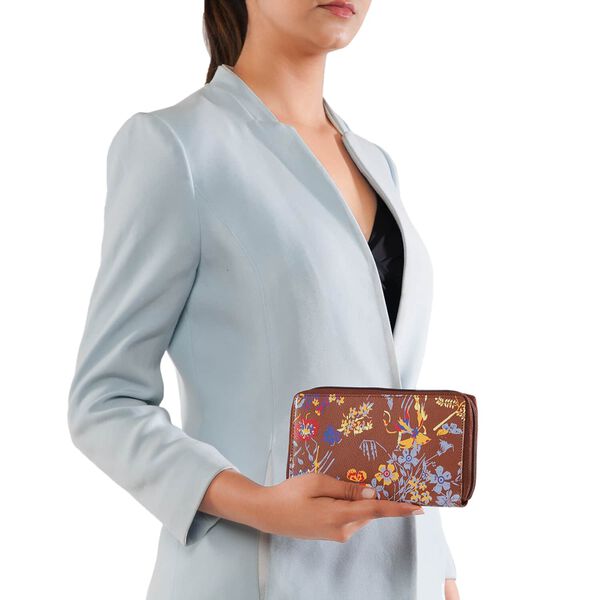 CLOSE OUT - UNION CODE: Echtleder Brieftasche, Blumenmuster, dunkel Cognac image number 1