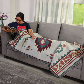 Jacquard gewebte H&auml;keldecke mit Fransen, Santa-Fe-Muster, Gr&ouml;&szlig;e 130x150 cm, Elfenbeinfarben