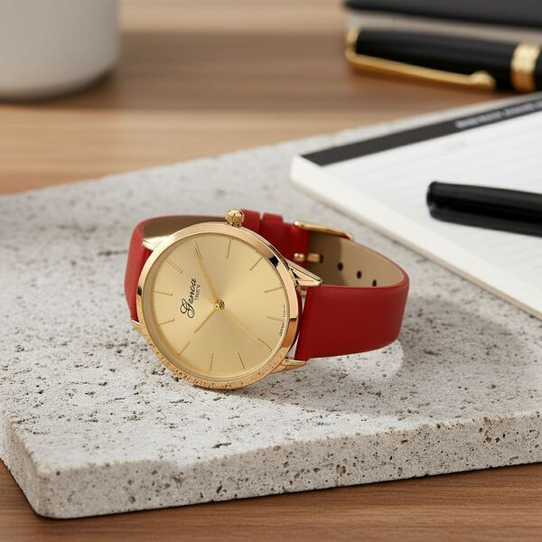 GENOA TIME - Armbanduhr Legierung, goldfarben, rotes Lederarmband, Zifferblatt Gold-Sunshine, 3 ATM wasserdicht image number 2