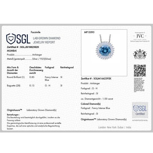 LUXURIANT DIAMOND - Lab Grown Blauer Diamant SI-GH, Lab Grown Diamant SI-GH SGL zertifiziert Anhänget mit Kette (ca. 50cm), 925 Silber rhodiniert ca. 1.00 ct image number 6
