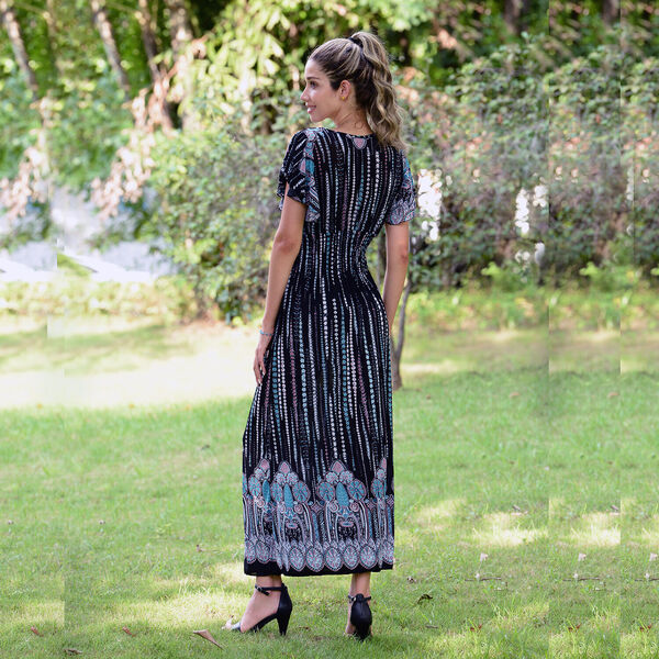 Gesmoktes Maxi-Kleid, Blumenmuster, Schwarz image number 1