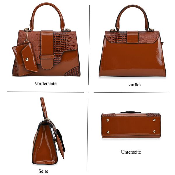 Premium PU Lackleder Handtasche mit Schlangen Prägung und extra Riemen, 28 x 19 x 11 cm, Cognac image number 4