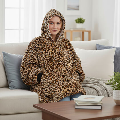 Doppellagige Hoodie-Decke mit Sherpa-Futter, superweich, 126 x 98 cm, Leopard