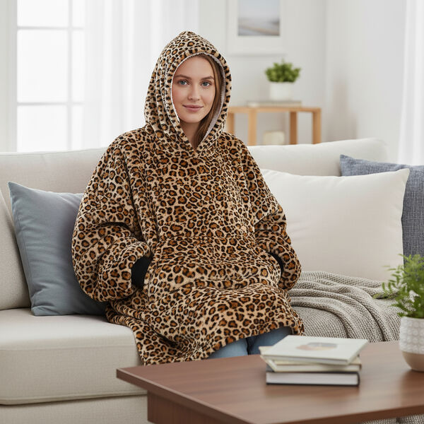 Doppellagige, superweiche Hoodie-Decke mit Sherpa-Futter, Leopard-Muster