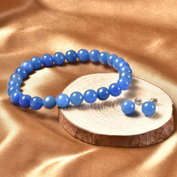 2er-Set flexibles, blaues Jade-Armband, 19 cm, und Ohrstecker, 925 Silber rhodiniert ca. 126,00 ct image number 2