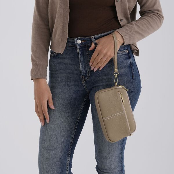 "Genuine Leather crossbody bag Color: Khaki Size:21*5*14cm        Wall: Genuine Leather Lining: Polyester Exterior:zipped-3 Interior:zipped-1,slid-1" image number 3