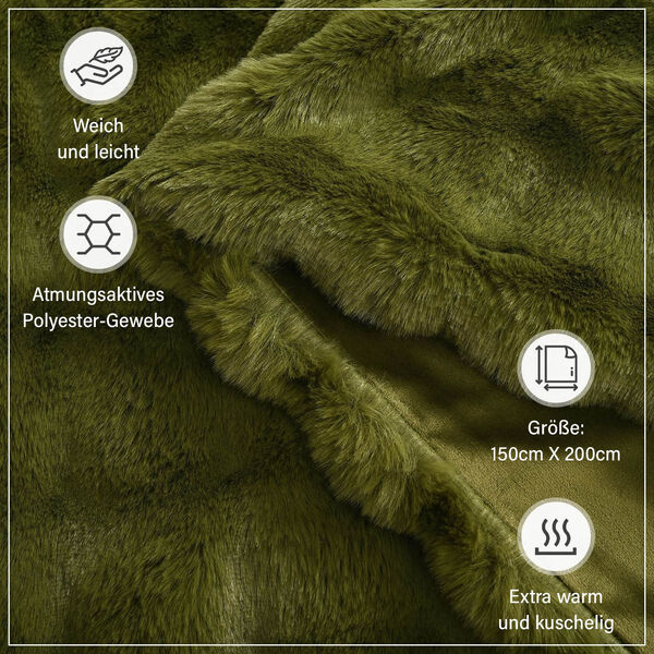 Serenity Night: Superweiche doppellagige Decke, luxuri&ouml;ses Kunstfell mit Mikropl&uuml;schfutter, 150 x 200 cm, Olivfarben image number 5