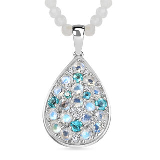 D'Joy 2er Set Meetiyagoda Regenbogen Mondstein Anhänger mit Weißer Mondstein collier ca. 45 cm 925 Silber rhodiniert ca. 128.33 ct