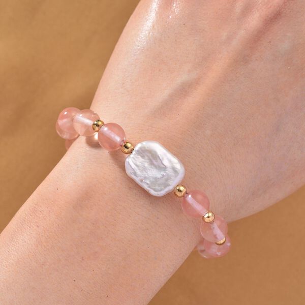 Kirsche Quarz, Weiße Keshi Perle Armband, ca. 18cm mit 5cm extender, Reine Legierung goldfarben image number 2