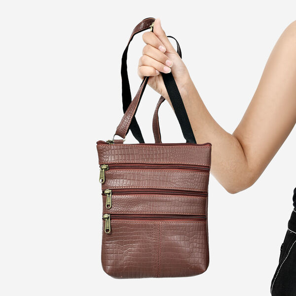 Echtleder Crossbody Tasche mit Kroko Prägung, Multi-Fächer, 20 x 24 cm, Cognac image number 4